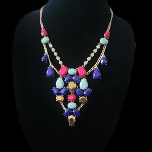 Multi Color Stones Faux Diamonds Gold Color Chain Fashion Necklace